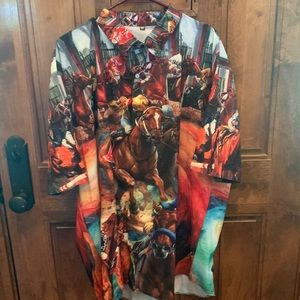 Short Sleeve, Button Up, Horse Racing Print, New, XXXL